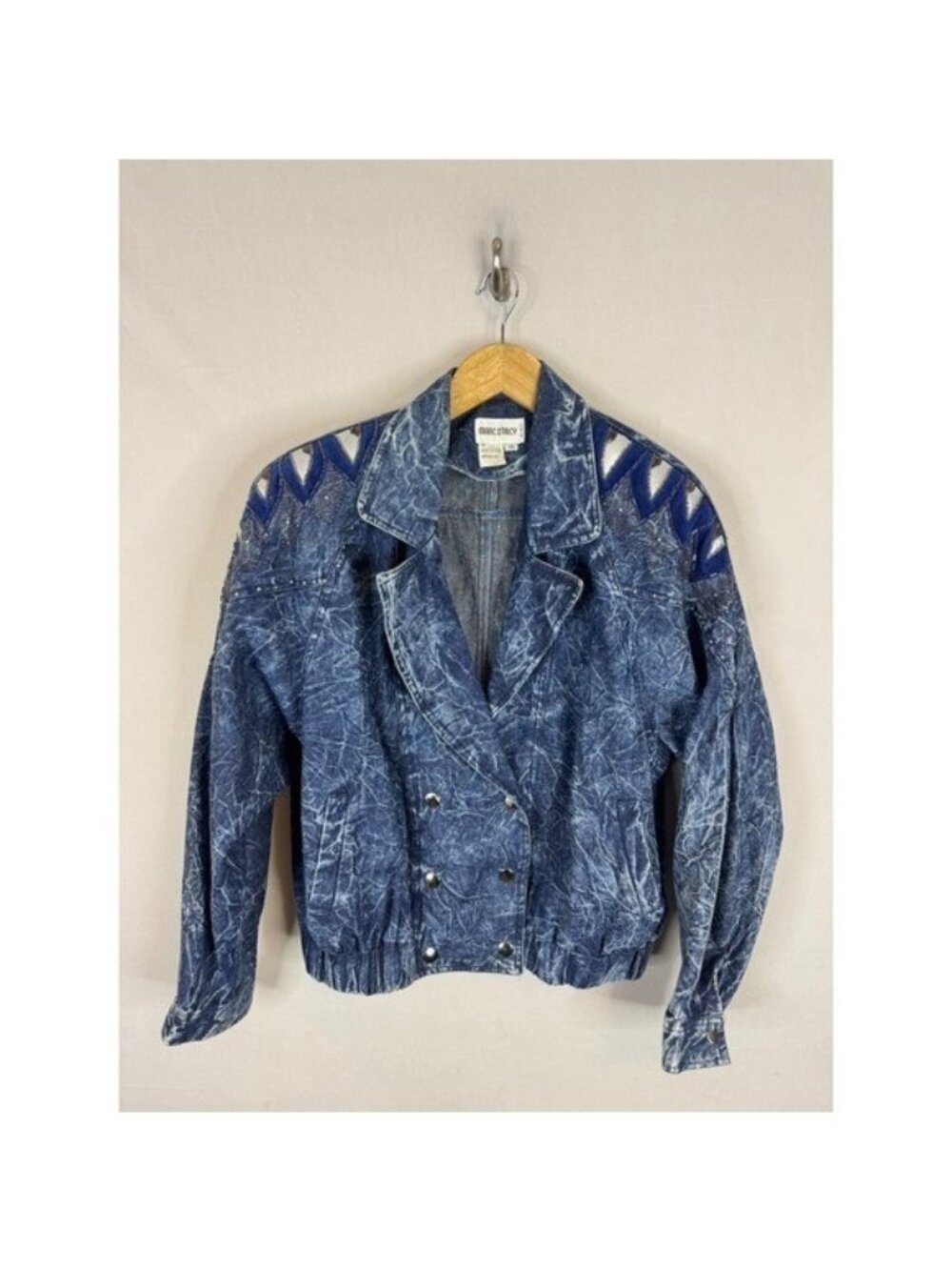 Vintage 80s Marc D'Arcy Paris Acid Wash Denim Beaded Sequin Jacket Blue Size 11